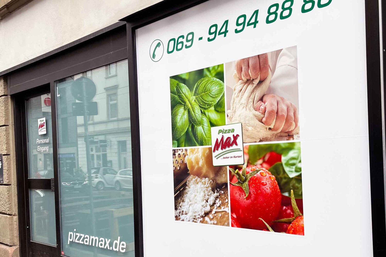foliendruck-auf-glasflaechen Beschriftungsarbeiten an Schaufensterflächen, Beklebung mit Digitaldruck Pizza Max Frankfurt